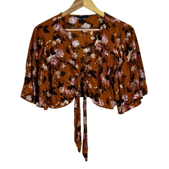 American Eagle Tie Front Crop Top Womens M Brown Floral Bell Sleeve Cottagecore - Picture 1 of 6